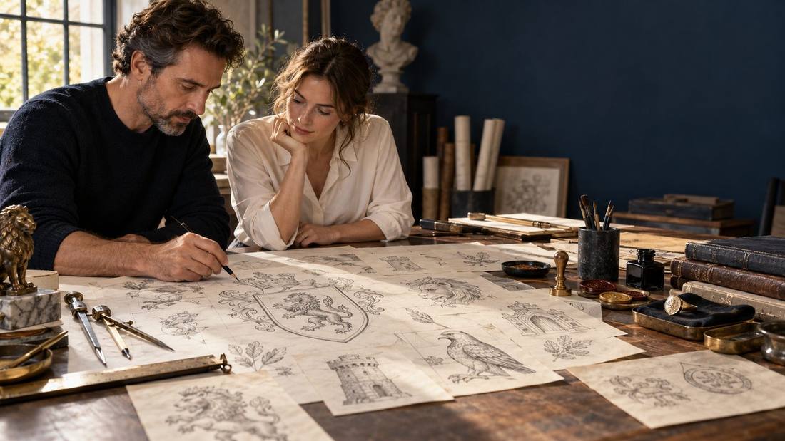 Two designers sketch heraldic lions, towers and eagles for a crest at a studio table with seals and signet rings