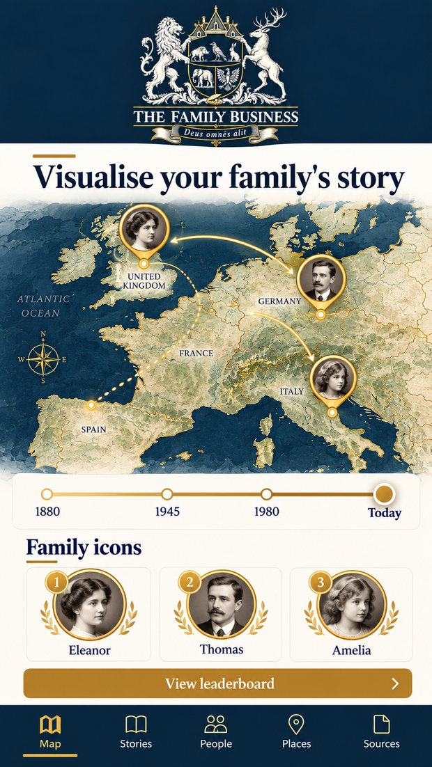 Mobile app: the family map of Europe, a timeline from 1880 to today, and the top three family icons