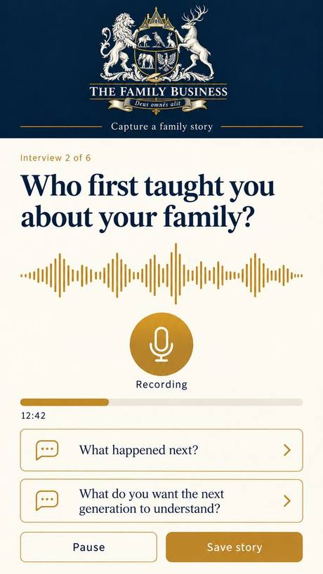 Mobile screen recording an interview, asking Who first taught you about your family